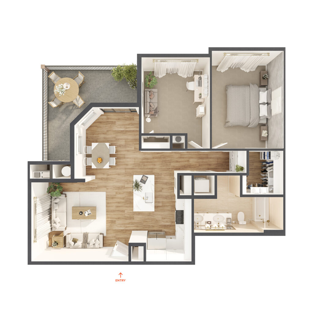 A floor plan of a two bedroom apartment at The Kelsey.