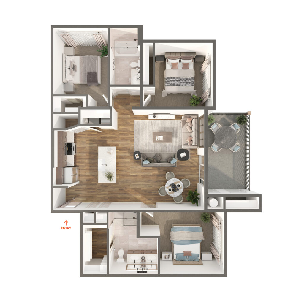 A floor plan of a two bedroom apartment located in Austin at The Kelsey.